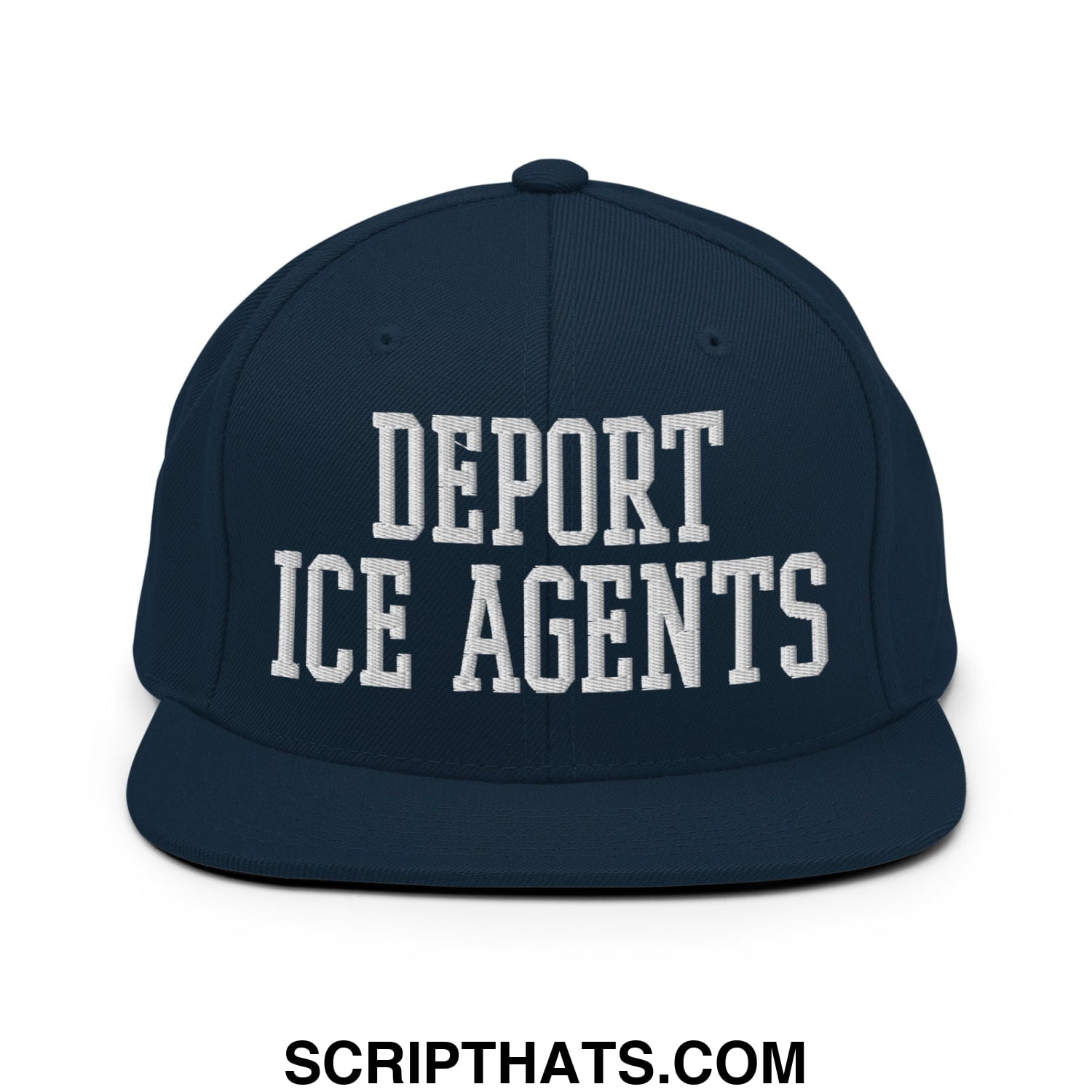 Navy blue snapback hat with white embroidered deport ice agents text in bold blocky font and flat bill brim