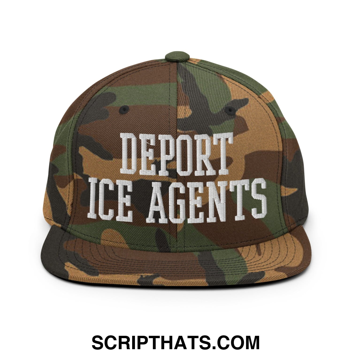 Camouflage snapback cap with white embroidered deport ice agents text and flat bill brim design
