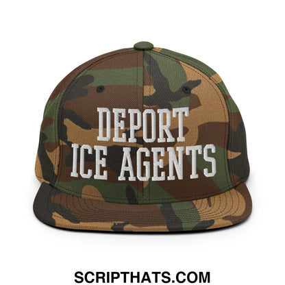 Camouflage snapback cap with white embroidered deport ice agents text and flat bill brim design