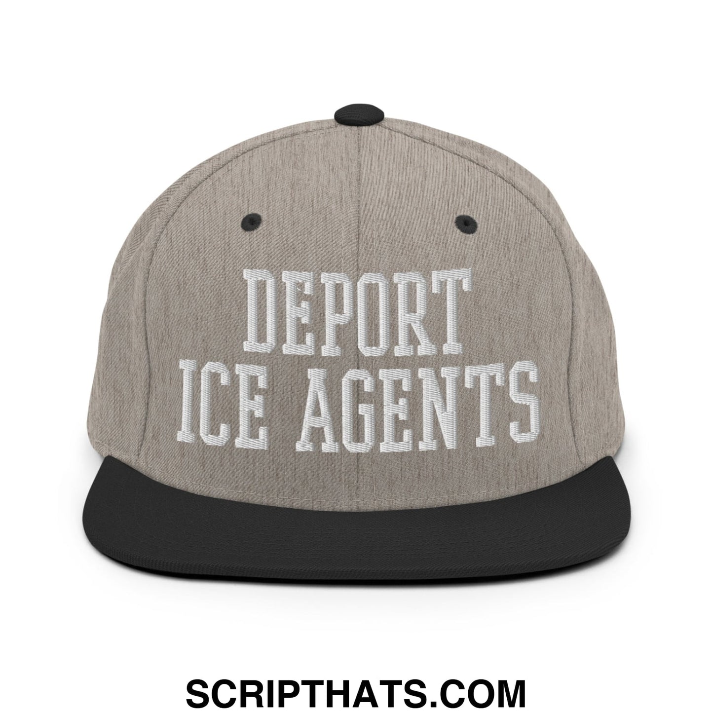 Gray and black snapback hat with white embroidered deport ice agents text and flat bill brim design