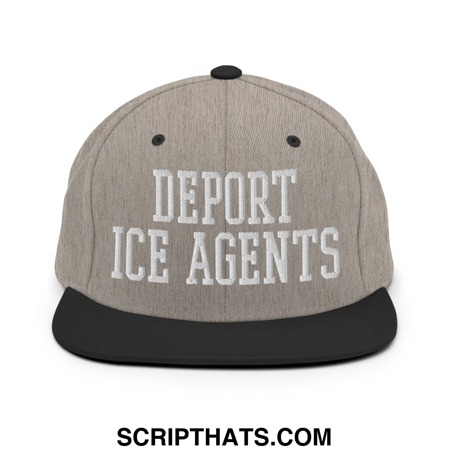 Gray and black snapback hat with white embroidered deport ice agents text and flat bill brim design