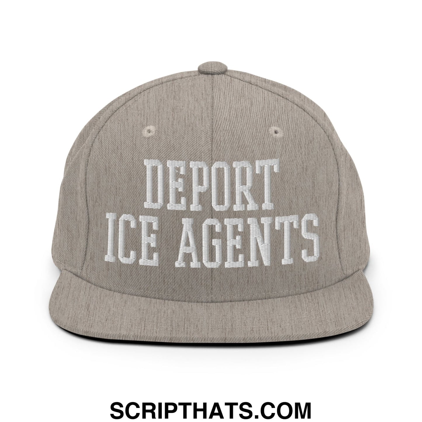 Gray snapback cap with white embroidered deport ice agents text flat bill brim for casual wear