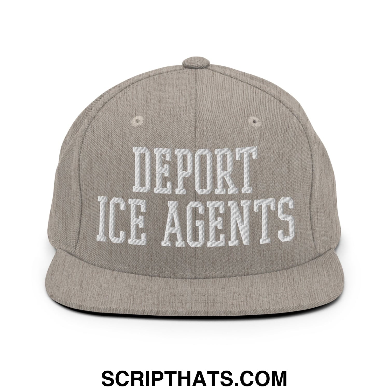 Gray snapback cap with white embroidered deport ice agents text flat bill brim for casual wear