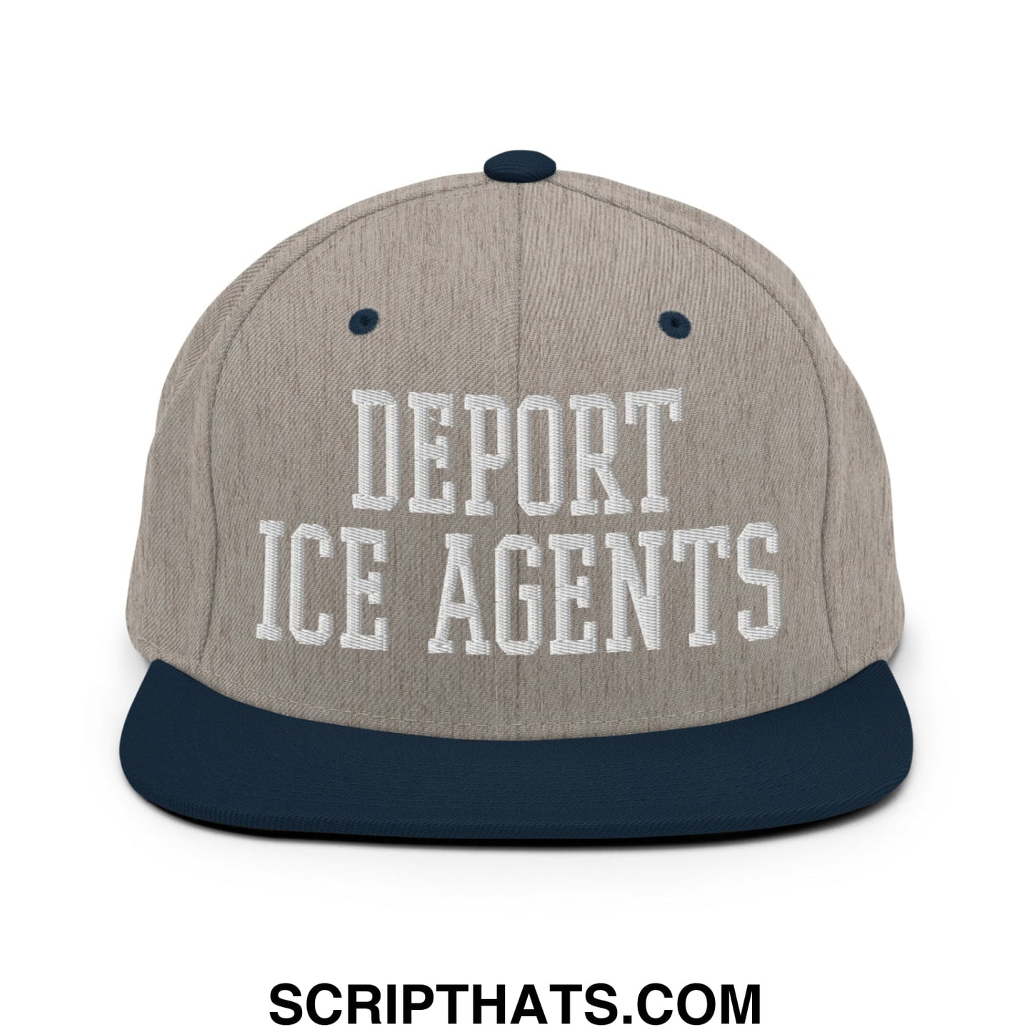 Beige and navy blue snapback hat with a flat bill and white embroidered deport ice agents text