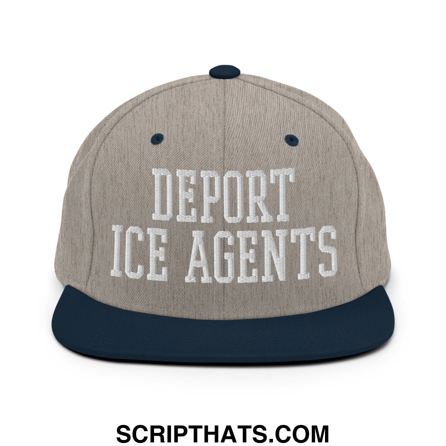Beige and navy blue snapback hat with a flat bill and white embroidered deport ice agents text