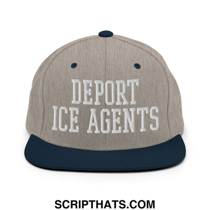 Beige and navy blue snapback hat with a flat bill and white embroidered deport ice agents text