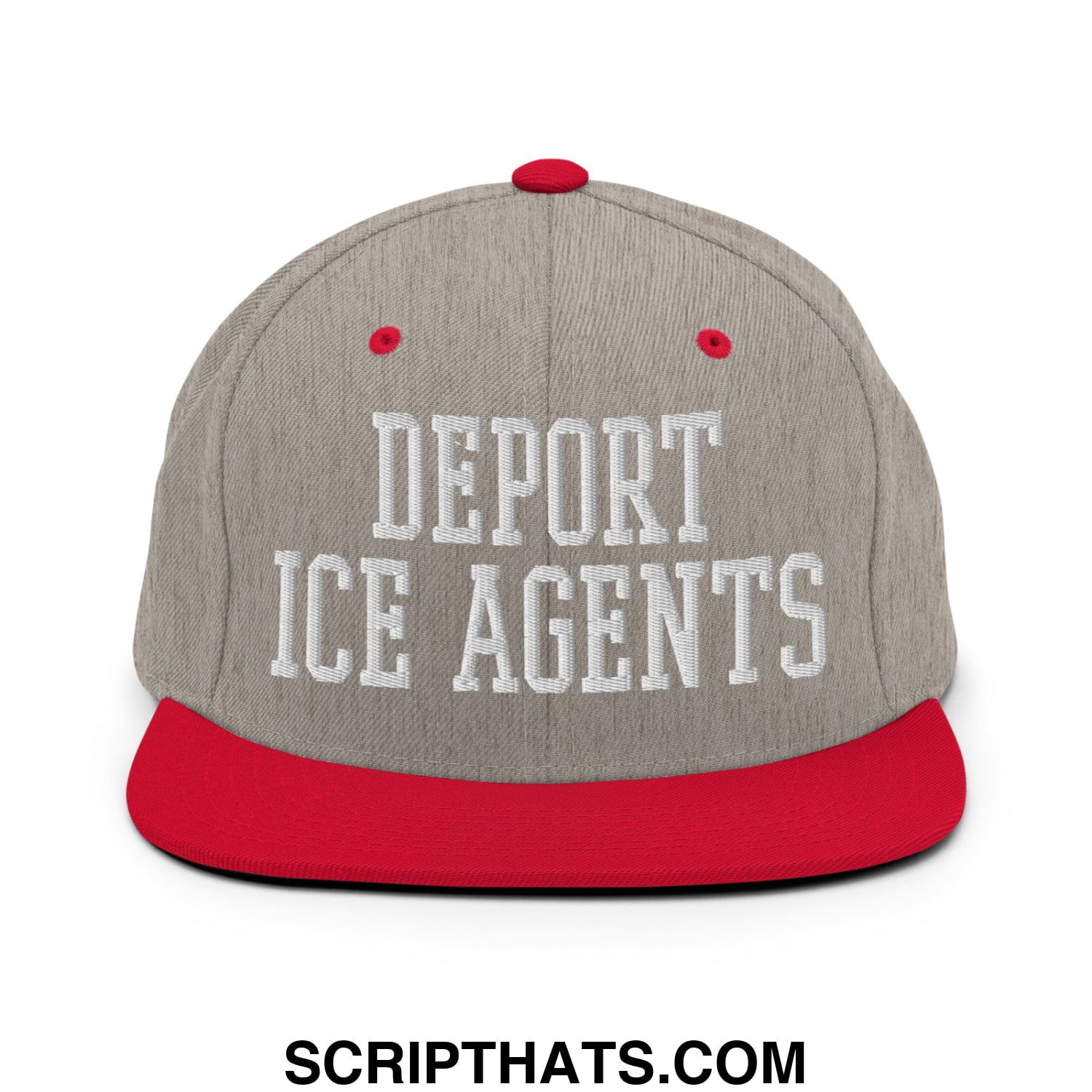 Gray and red snapback hat with white embroidered deport ice agents text and flat bill brim design