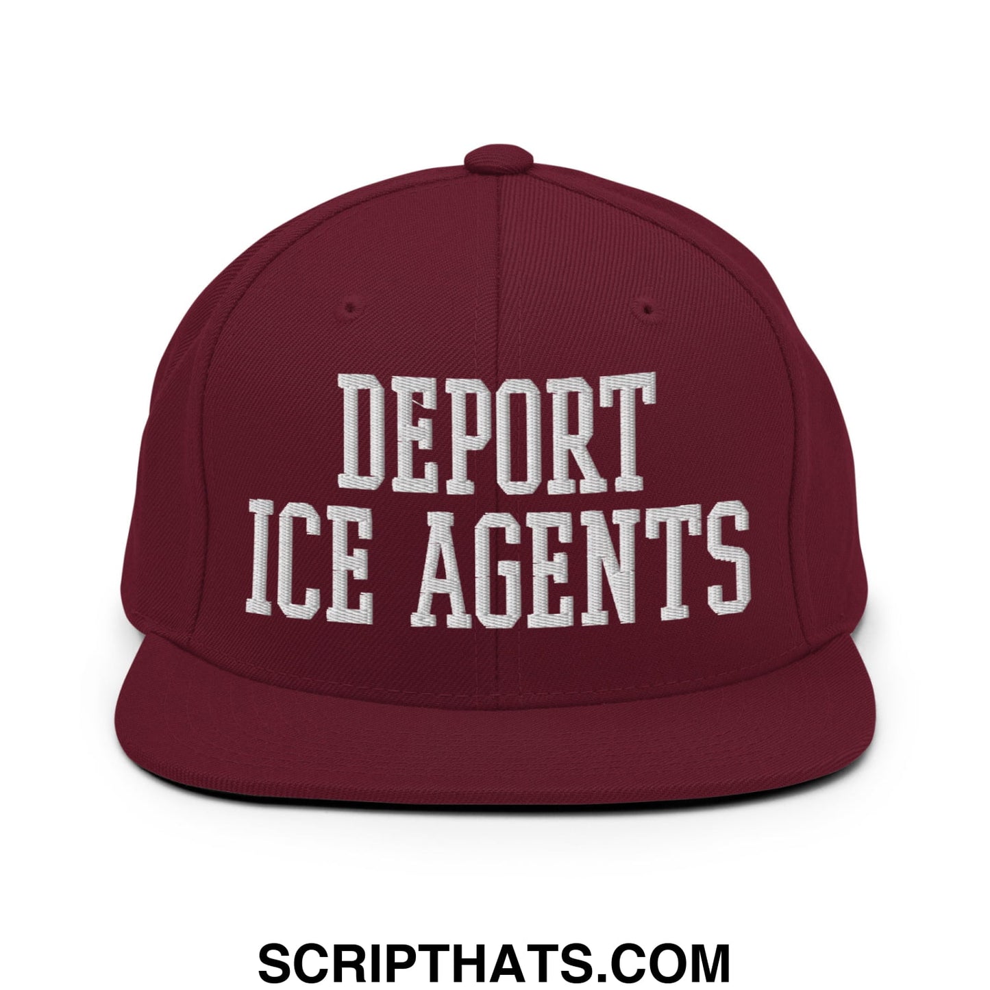 Maroon snapback hat with white embroidered deport ice agents text and flat bill brim for casual wear