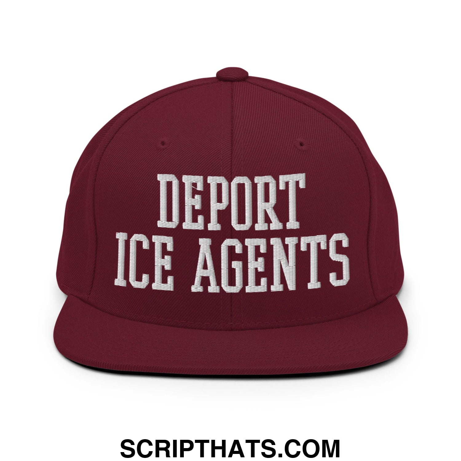 Maroon snapback hat with white embroidered deport ice agents text and flat bill brim for casual wear