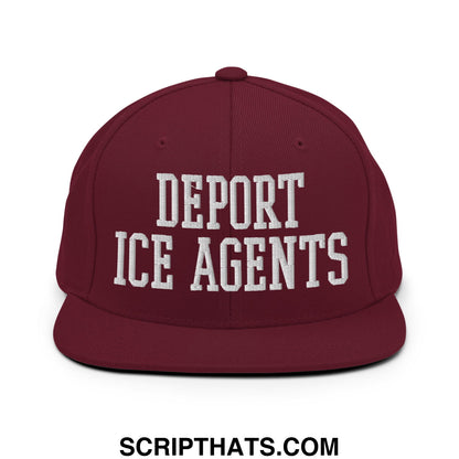 Maroon snapback hat with white embroidered deport ice agents text and flat bill brim for casual wear