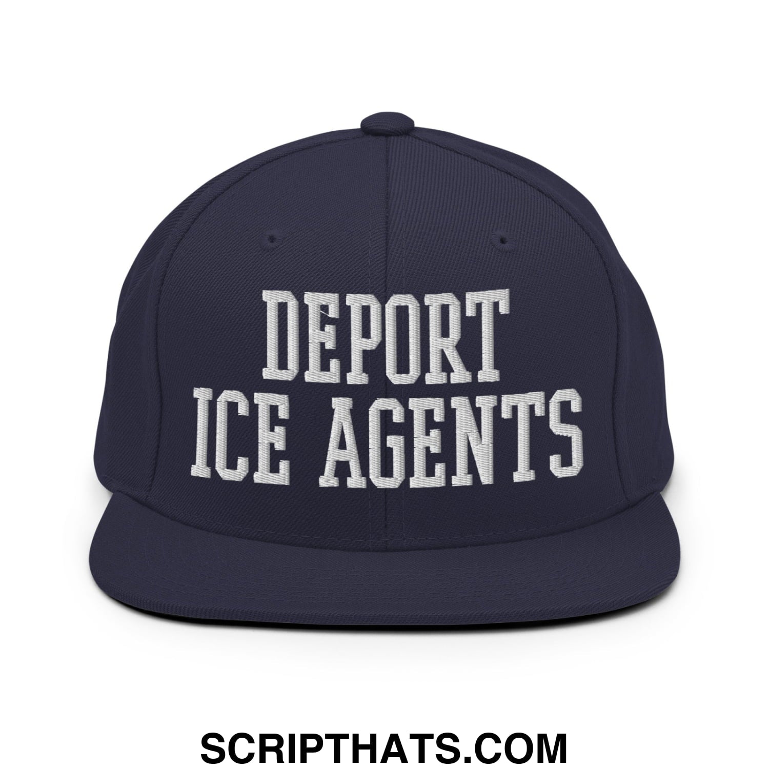 Navy blue snapback hat with white embroidered deport ice agents text and flat bill brim design