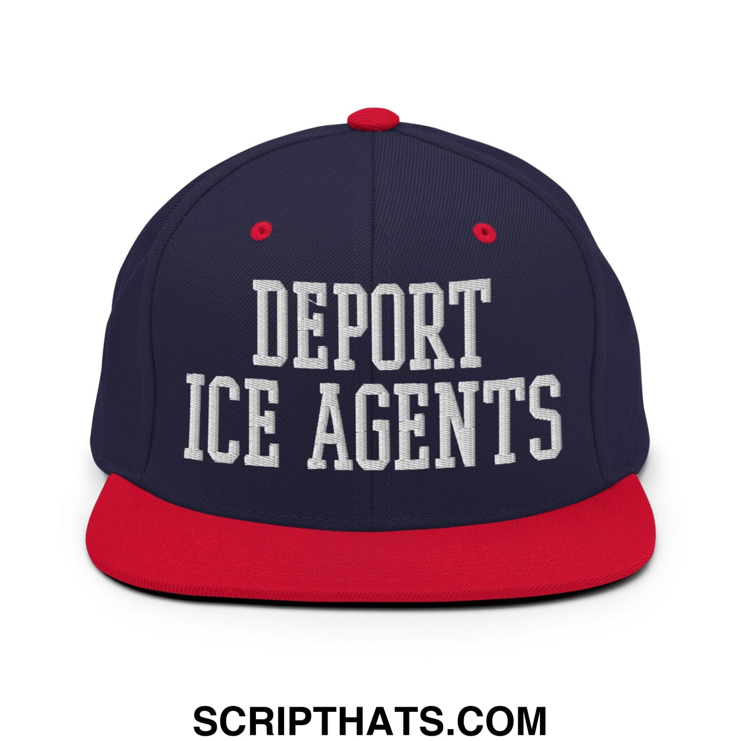 Navy blue and red snapback hat with white embroidered deport ice agents text on flat bill brim