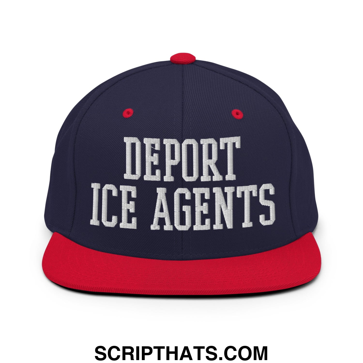 Navy blue and red snapback hat with white embroidered deport ice agents text on flat bill brim