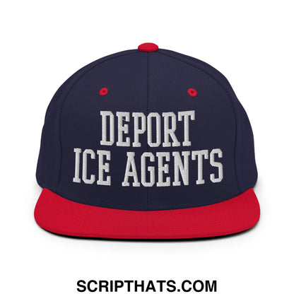 Navy blue and red snapback hat with white embroidered deport ice agents text on flat bill brim