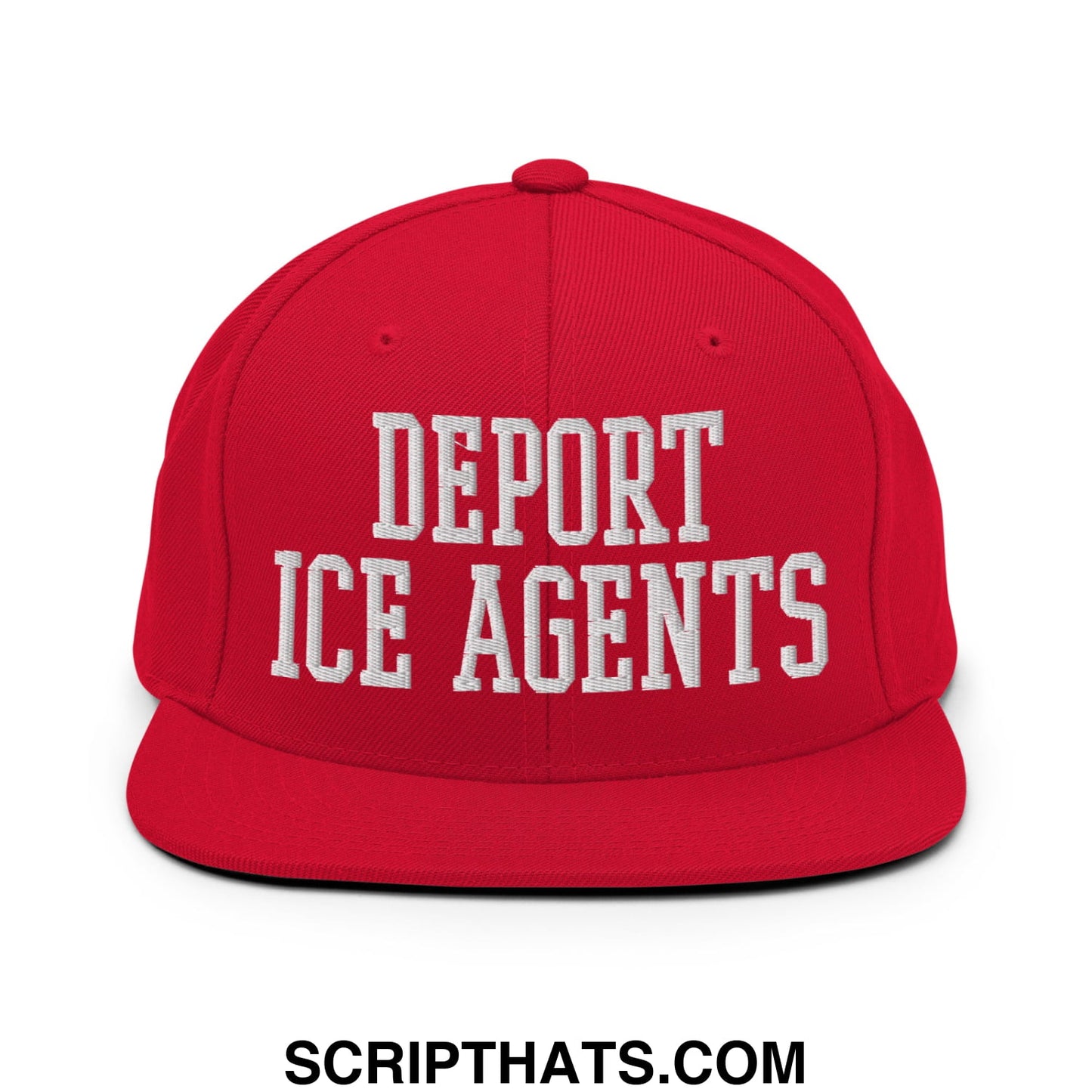 Red snapback cap with white embroidered deport ice agents text and flat bill brim for casual wear