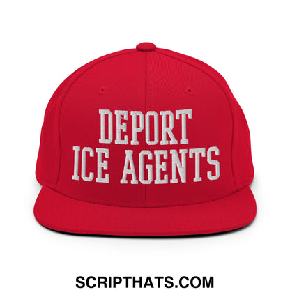 Red snapback cap with white embroidered deport ice agents text and flat bill brim for casual wear