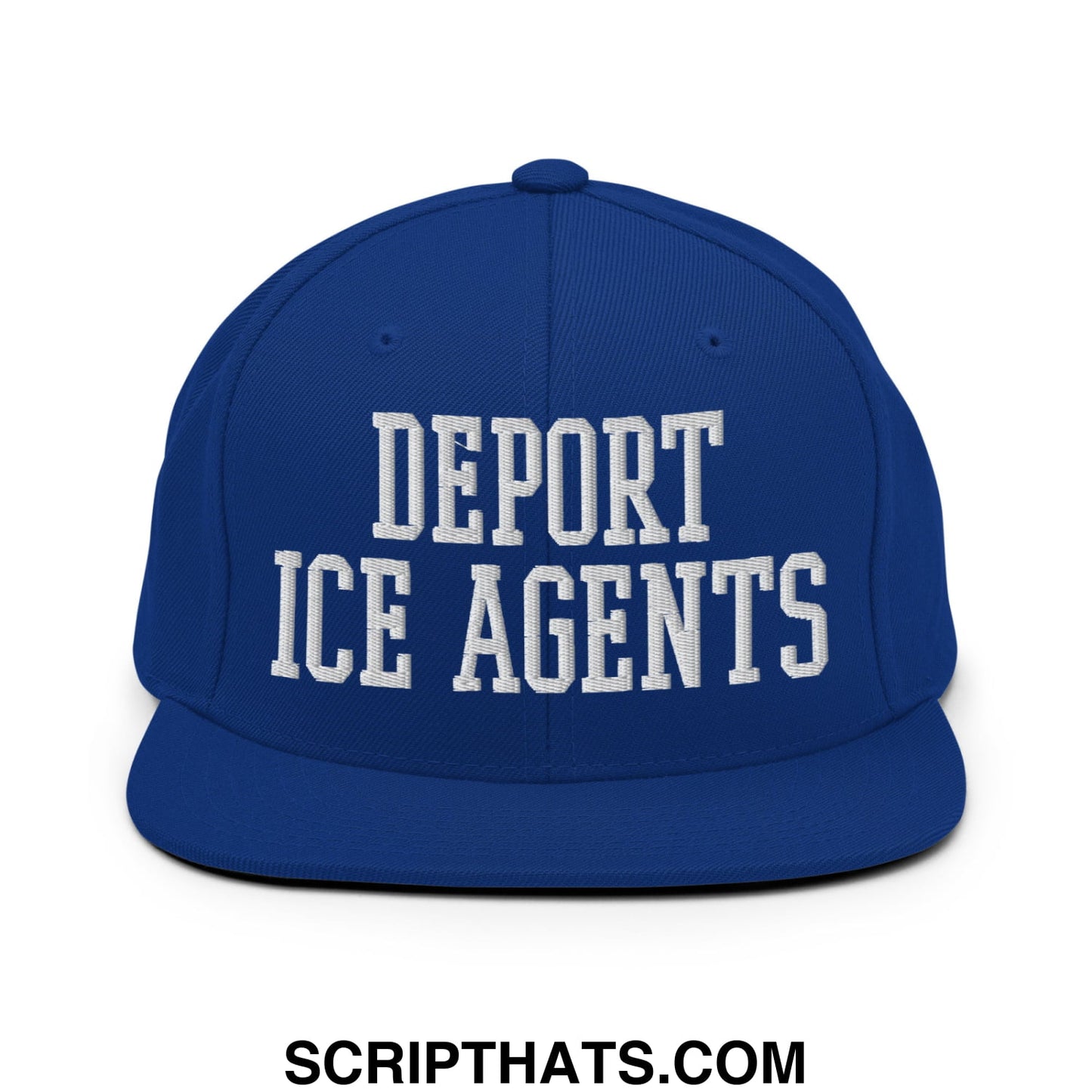Royal blue snapback hat with white embroidered deport ICE agents text and flat bill brim for casual wear
