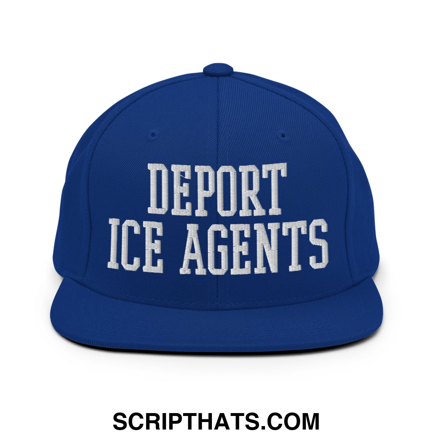 Royal blue snapback hat with white embroidered deport ICE agents text and flat bill brim for casual wear