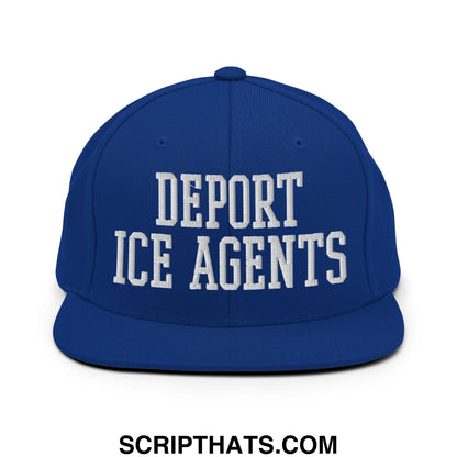 Royal blue snapback hat with white embroidered deport ICE agents text and flat bill brim for casual wear