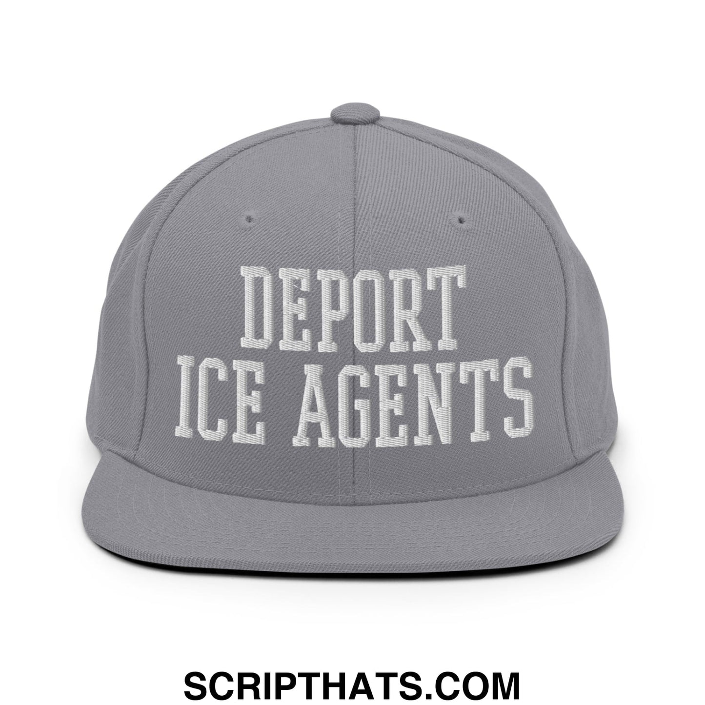 Gray snapback hat with white embroidered deport ice agents text and flat bill brim for casual wear