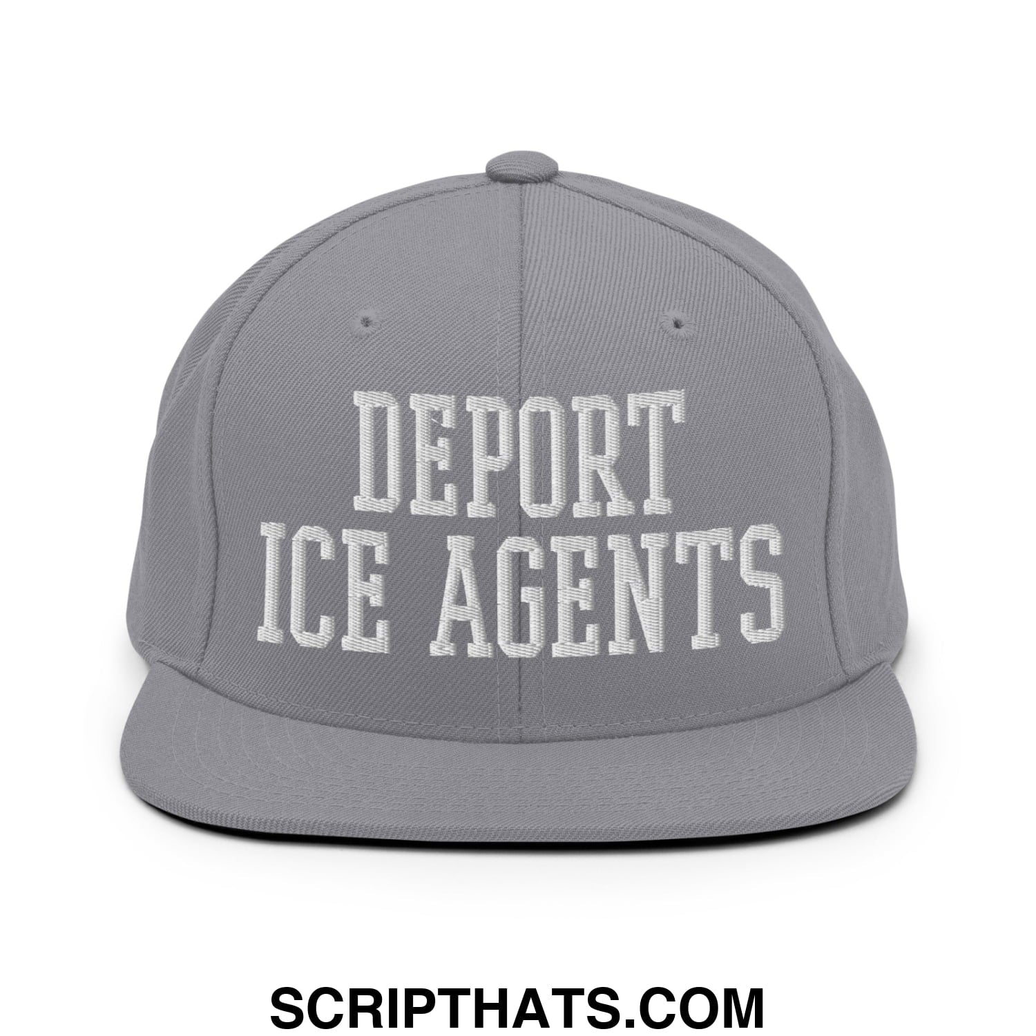Gray snapback hat with white embroidered deport ice agents text and flat bill brim for casual wear