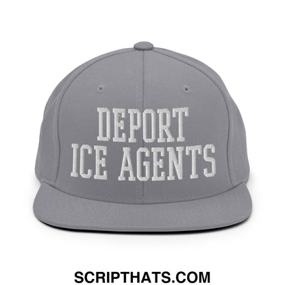 Gray snapback hat with white embroidered deport ice agents text and flat bill brim for casual wear
