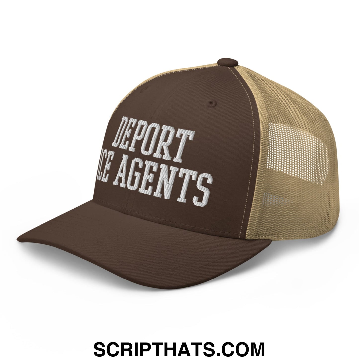Brown and tan mesh trucker hat with deport ice agents embroidered in white lettering