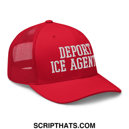 Red mesh trucker hat with white embroidered deport ice agent text on the front panel