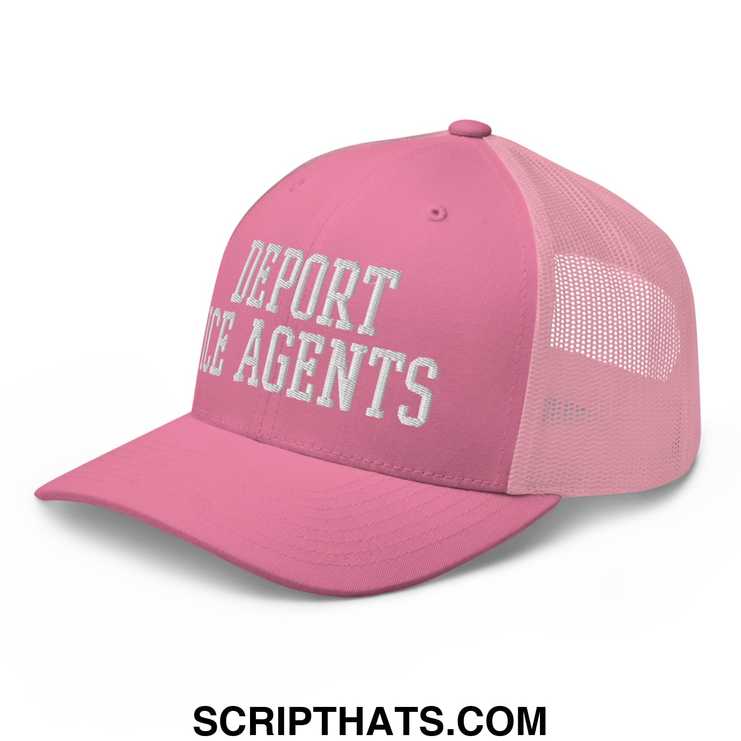 Pink mesh trucker hat with white embroidered deport ice agents text on the front for casual wear