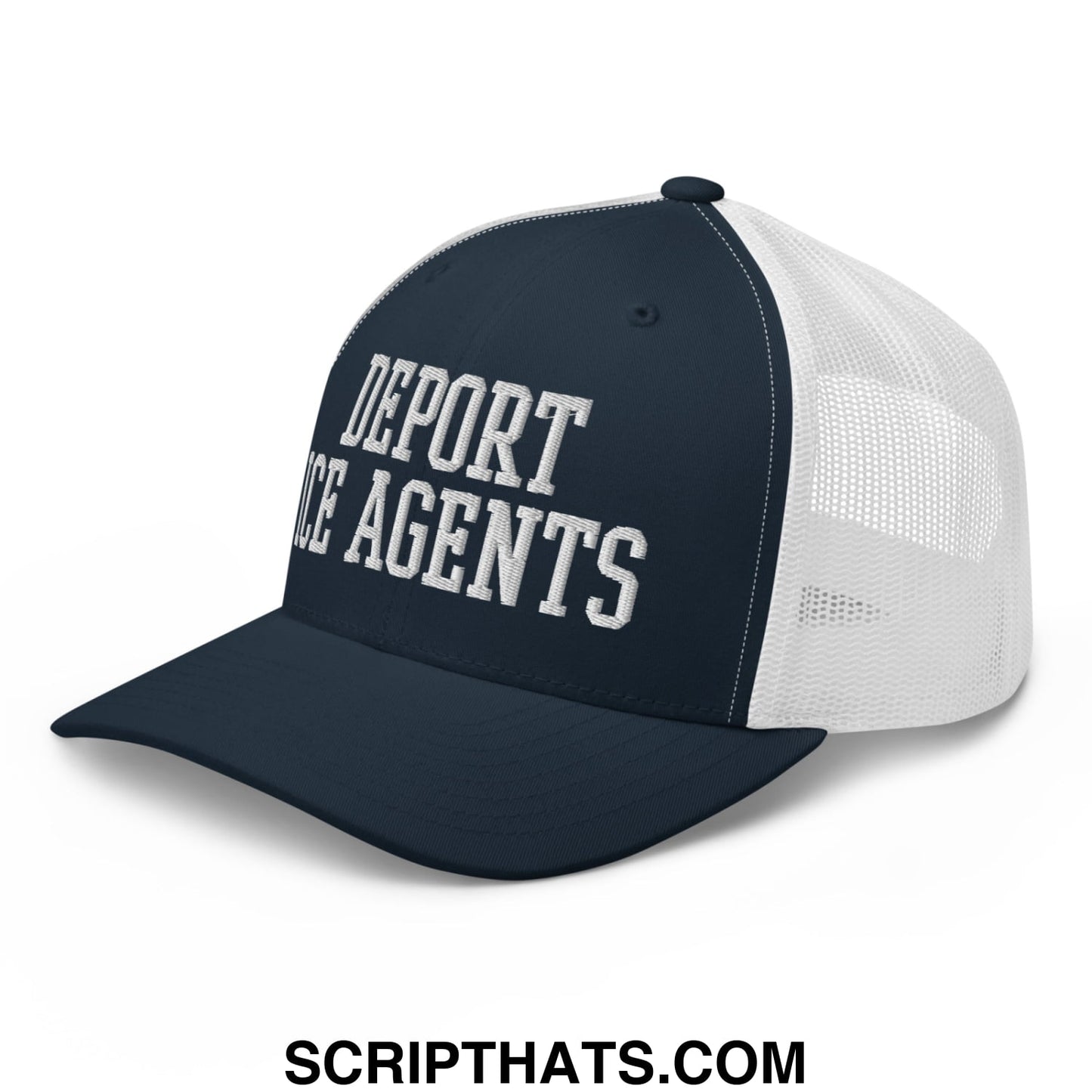 Navy blue and white mesh trucker hat with bold raised silver embroidery saying deport ice agents on front