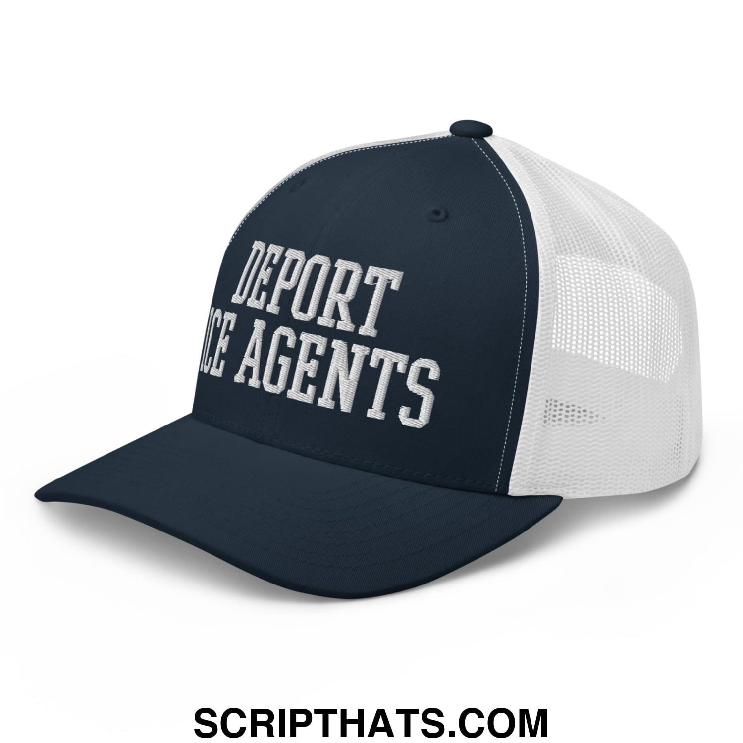 Navy blue and white mesh trucker hat with bold raised silver embroidery saying deport ice agents on front