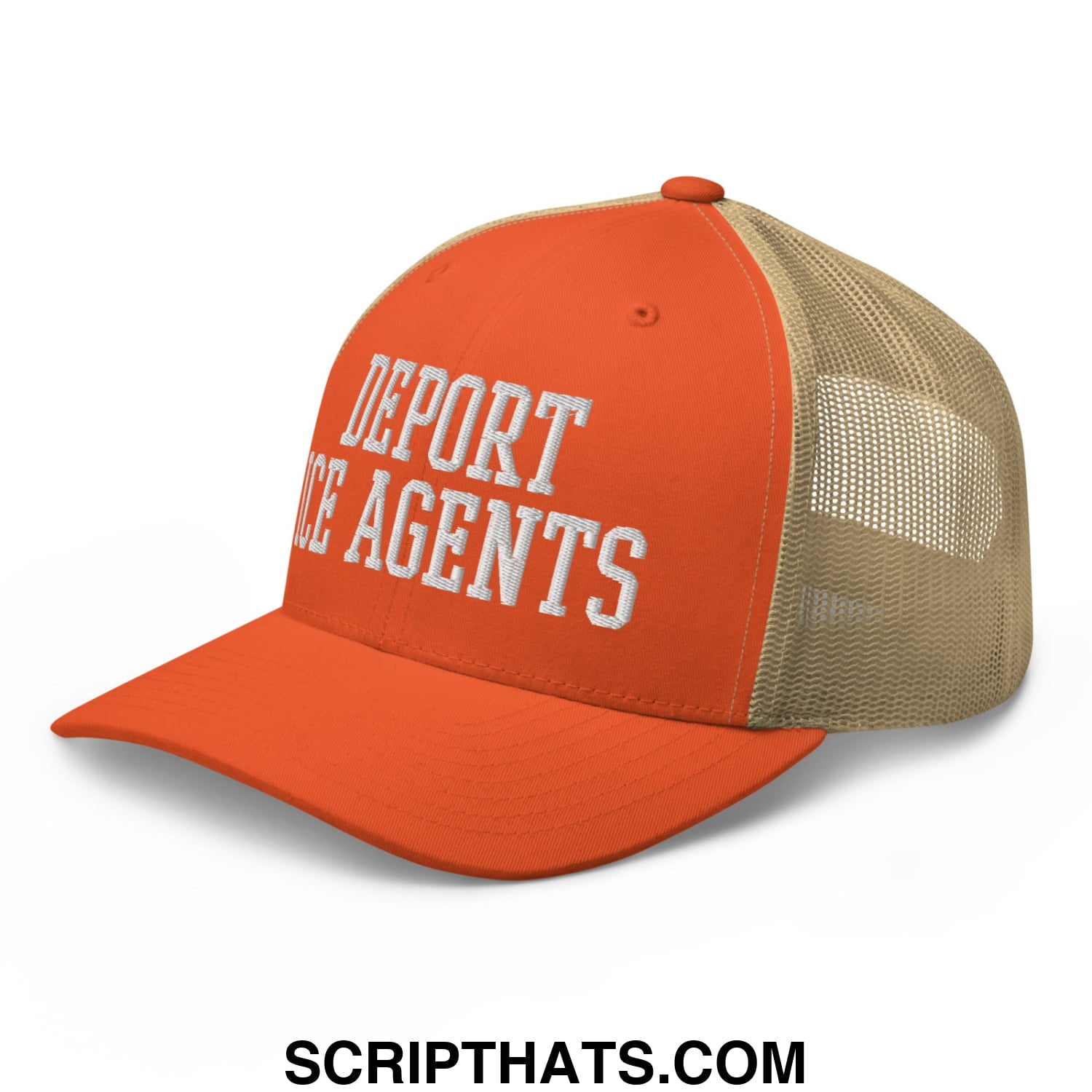 Orange and tan mesh trucker hat with white embroidered deport ice agents text designed for casual wear