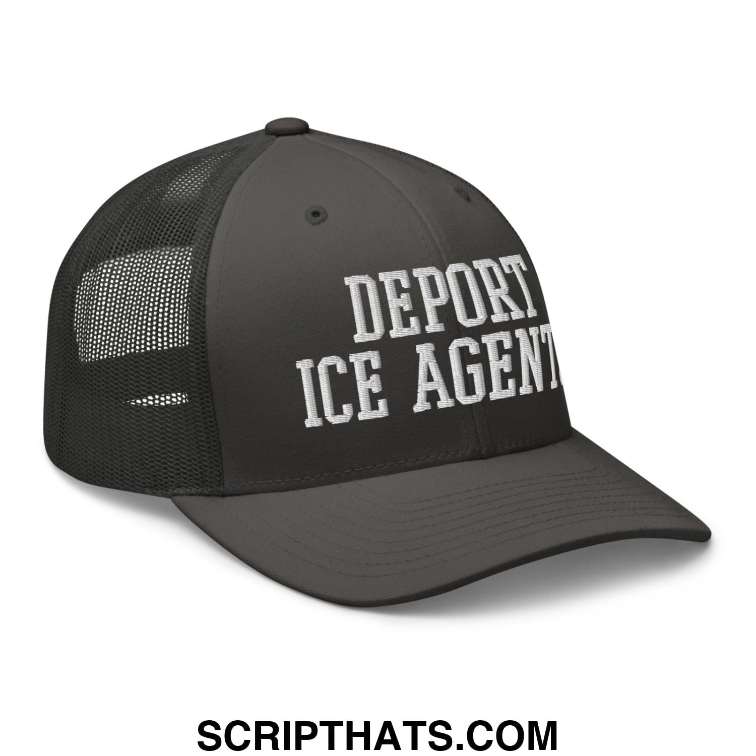 Black mesh trucker hat with white embroidered deport ice agent text on the front panel