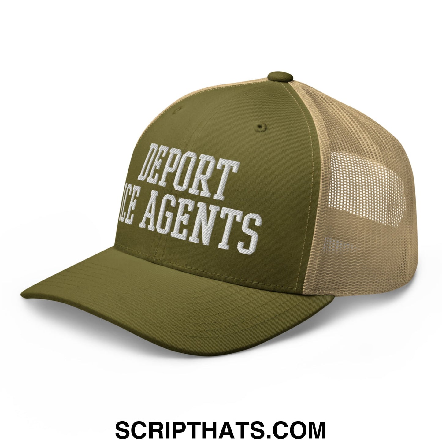 Olive green and tan mesh trucker hat with white embroidered deport ice agents text front view