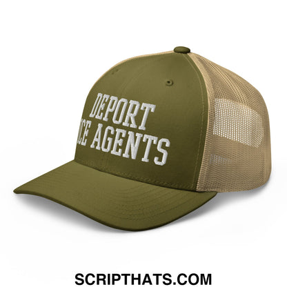 Olive green and tan mesh trucker hat with white embroidered deport ice agents text front view