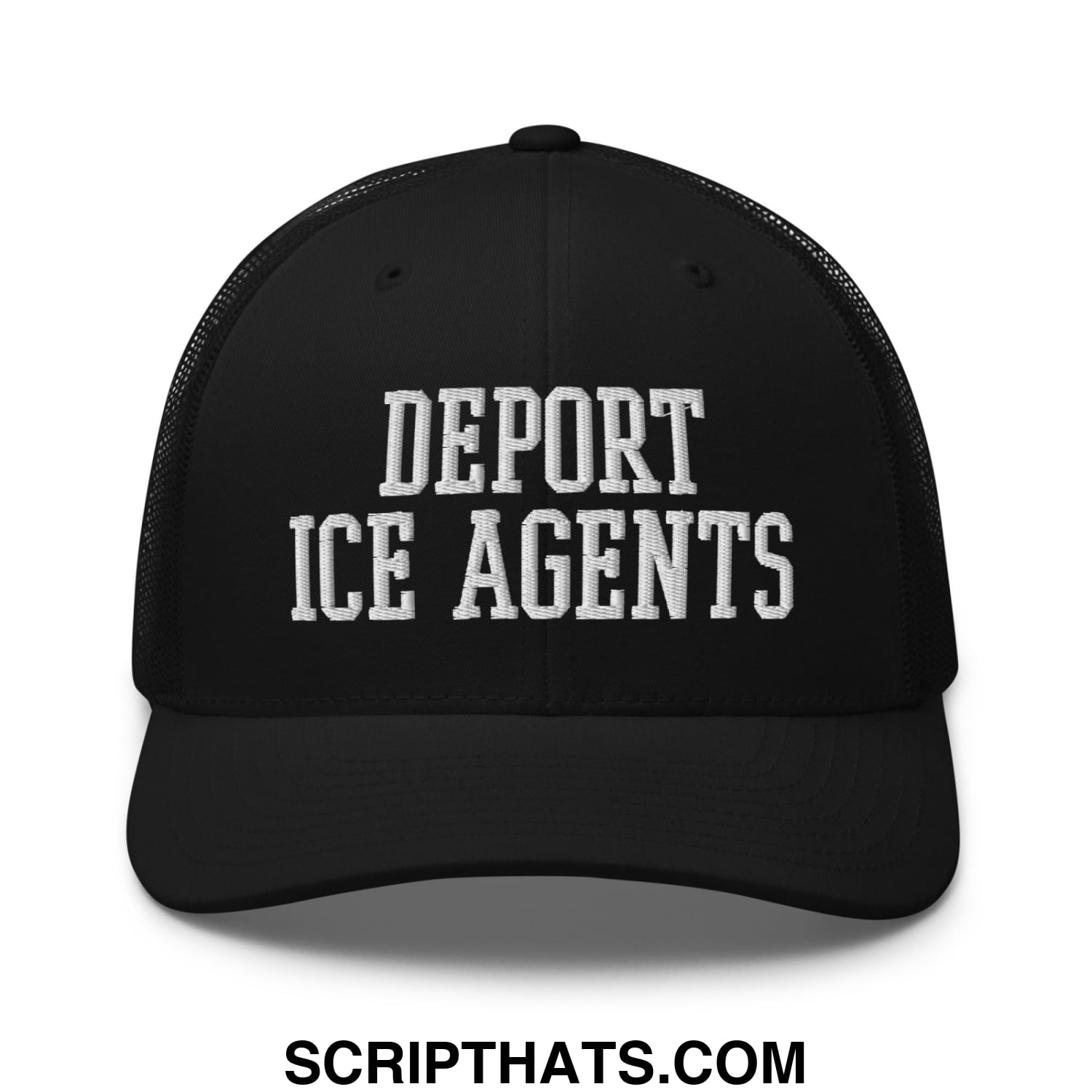 Black mesh trucker hat with white embroidered deport ice agents text on front panel for casual wear