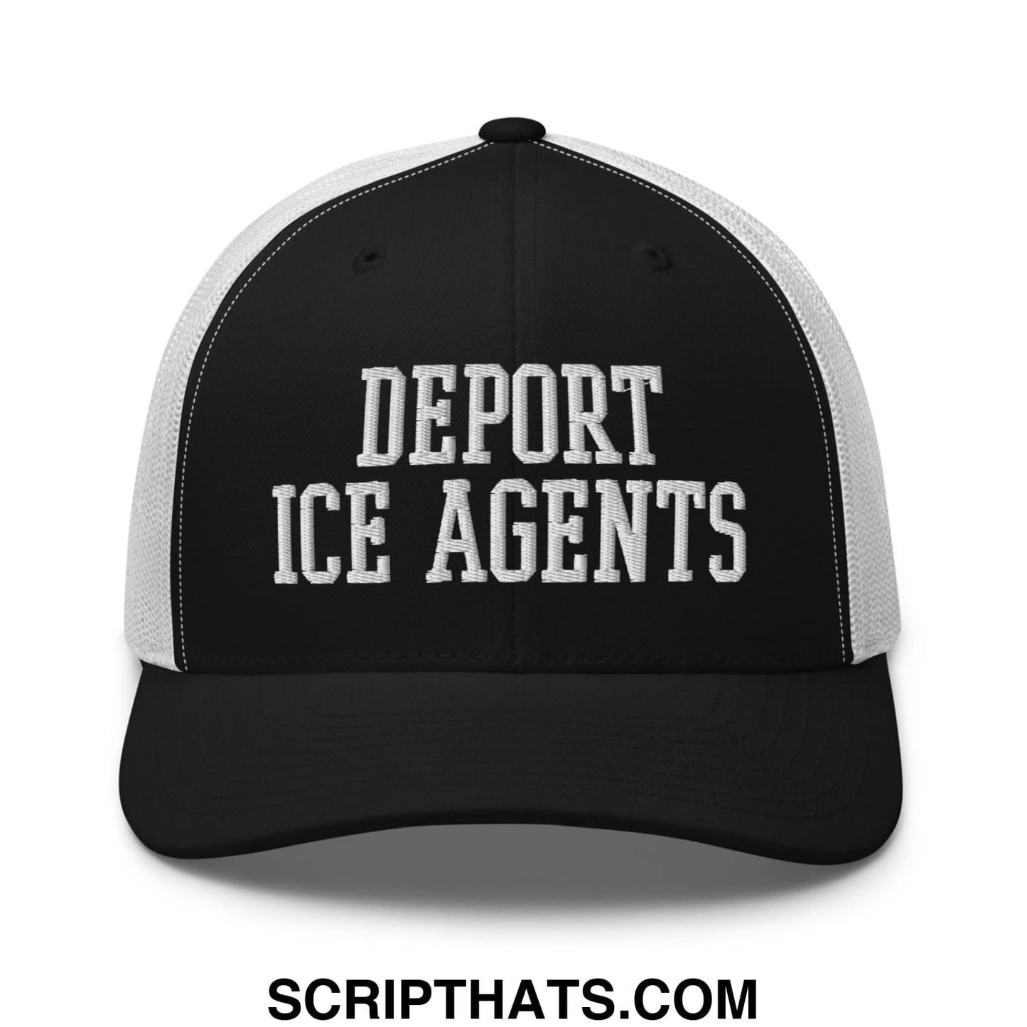 Black and white mesh trucker hat with bold embroidered deport ice agents text in block letters