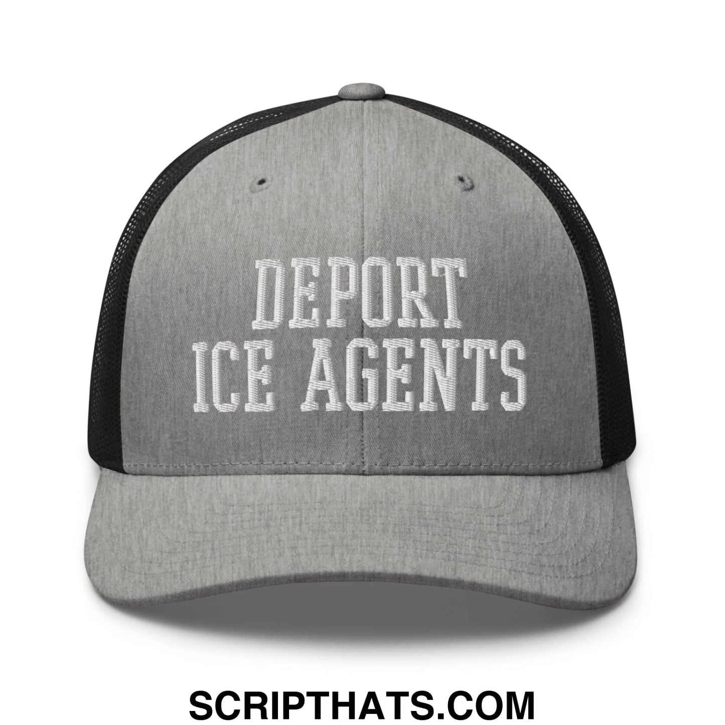 Gray mesh trucker hat with black back and white embroidered deport ice agents text for casual wear