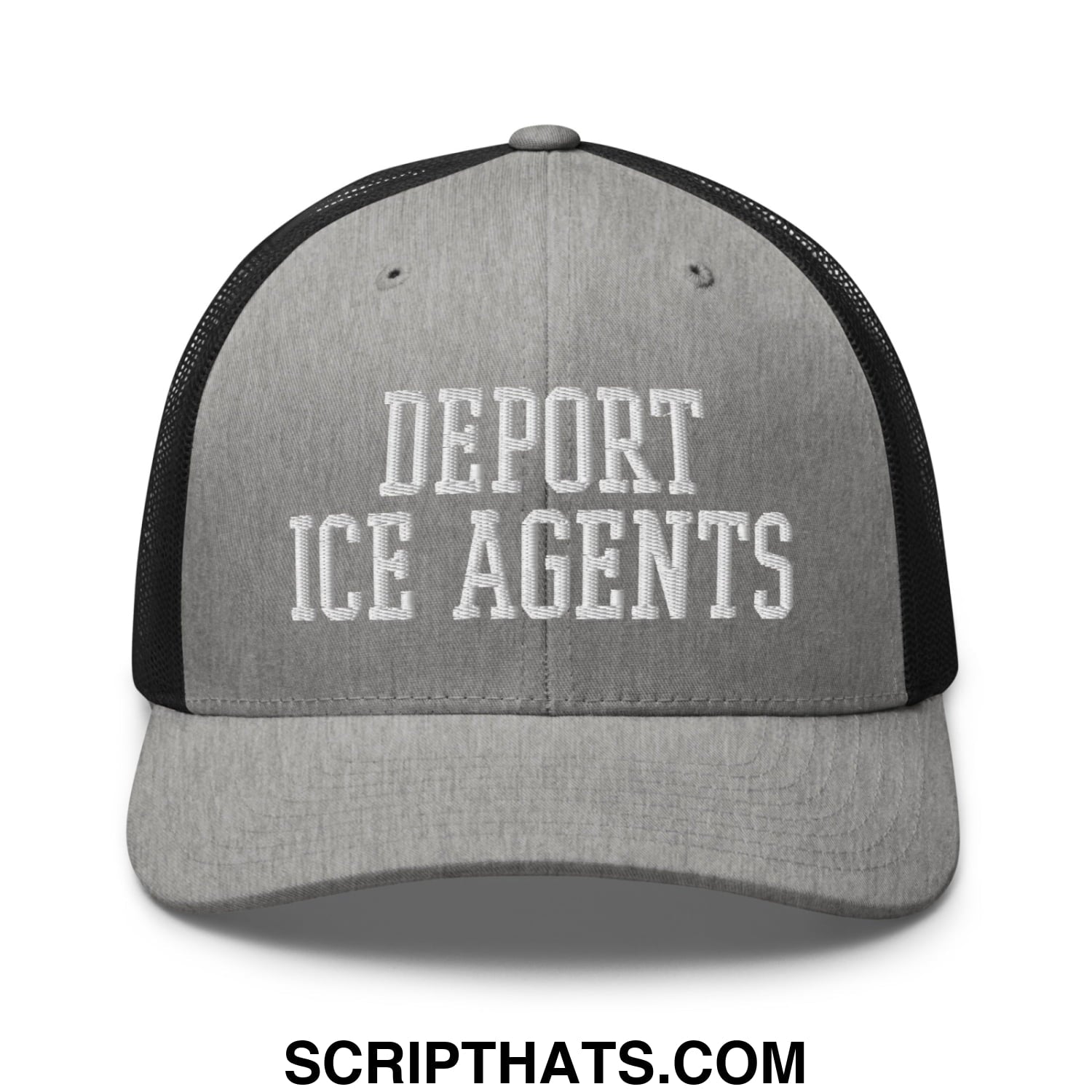 Gray mesh trucker hat with black back and white embroidered deport ice agents text for casual wear
