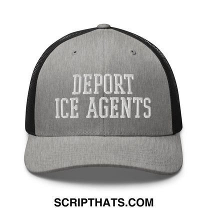 Gray mesh trucker hat with black back and white embroidered deport ice agents text for casual wear