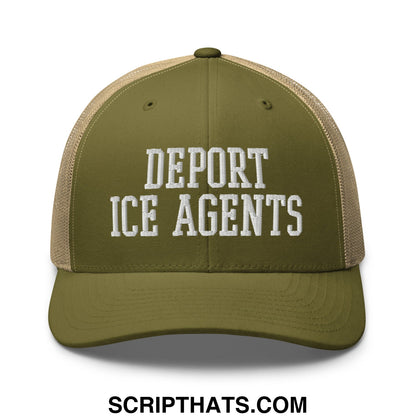 Olive green and tan mesh trucker hat with white embroidered deport ice agents text front design