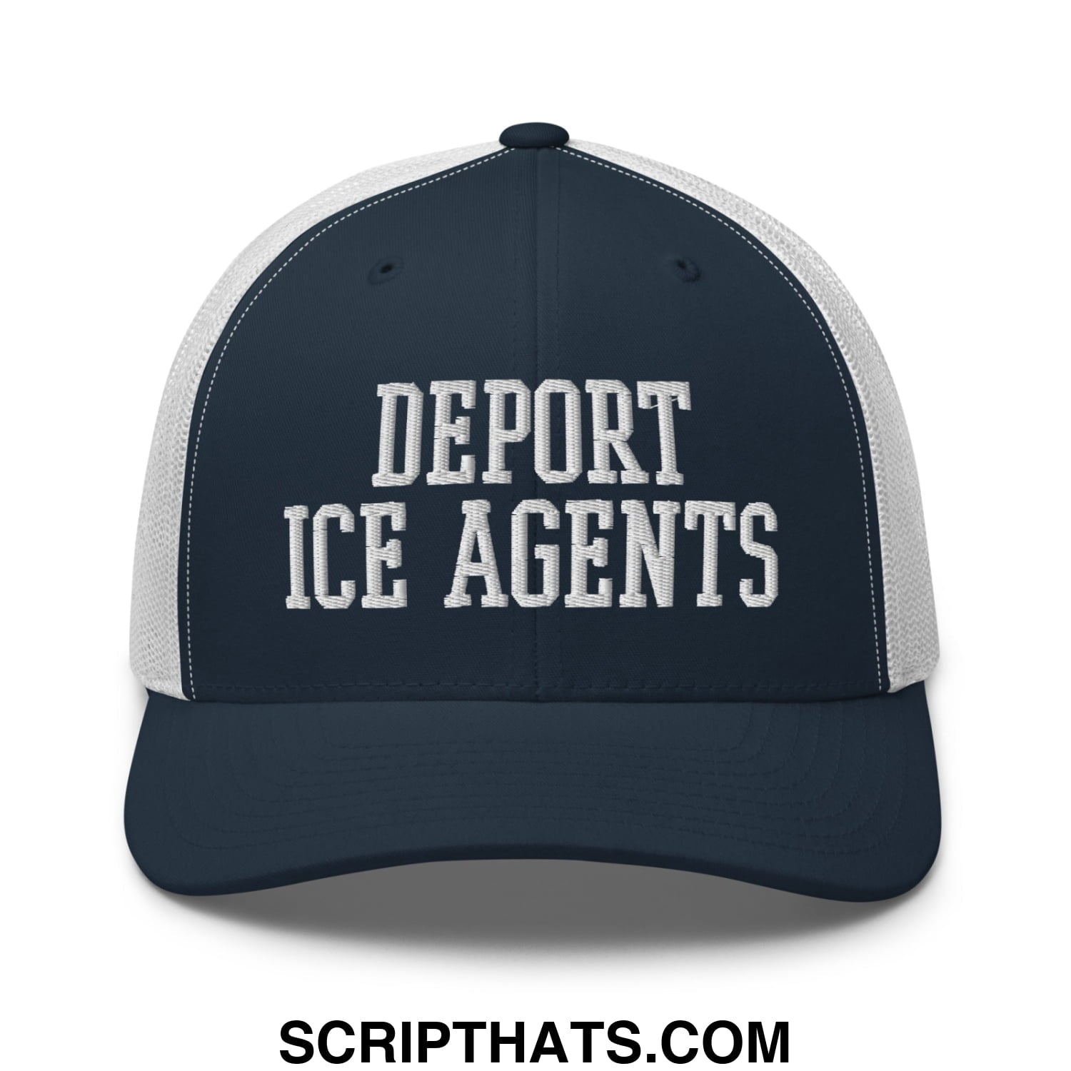 Navy blue and white embroidered mesh trucker hat with bold deport ice agents lettering