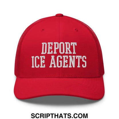Red mesh trucker hat with white embroidered text deport ice agents on the front for activist wear