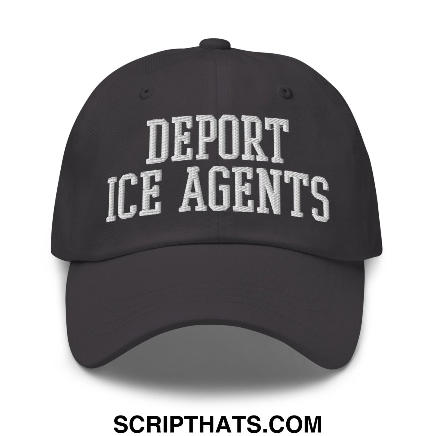Black unstructured dad hat with white embroidered deport ice agents text in classic collegiate font