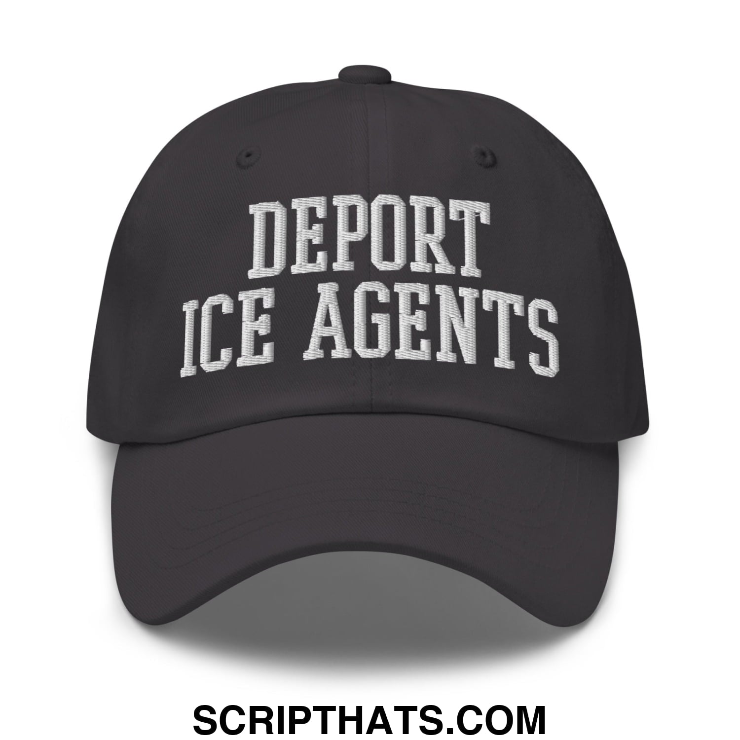 Black unstructured dad hat with white embroidered deport ice agents text in classic collegiate font