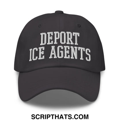 Black unstructured dad hat with white embroidered deport ice agents text in classic collegiate font