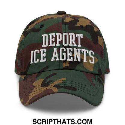 A camouflage unstructured dad hat with white embroidered deport ice agents text on the front panel