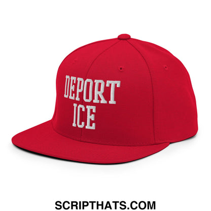 Red snapback hat with white embroidered deport ice lettering and flat bill brim in a sporty design