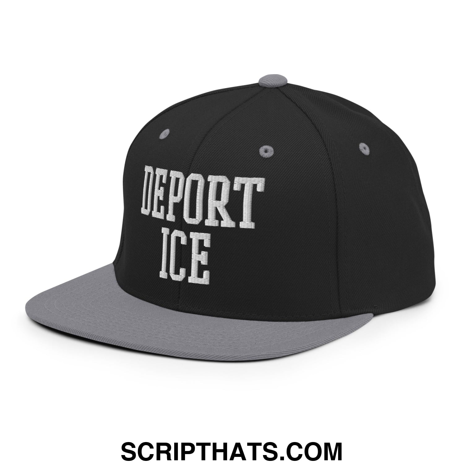 Black and gray snapback hat with deport ice embroidered in white on flat bill brim for casual wear
