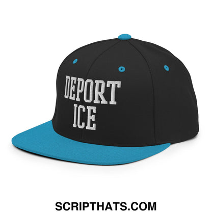 Black snapback hat with teal brim and button featuring white embroidered deport ice lettering flat bill design